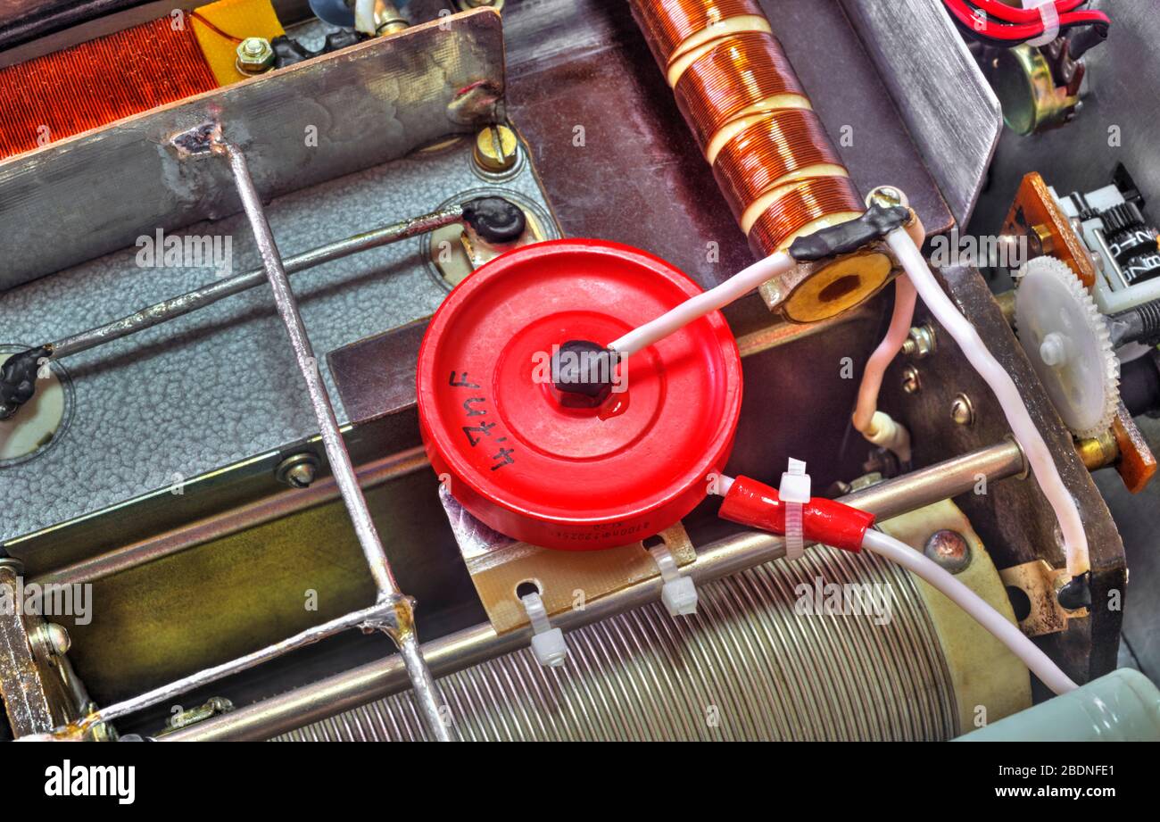 Inside view of high frequency power amplifier with capacitors, coils