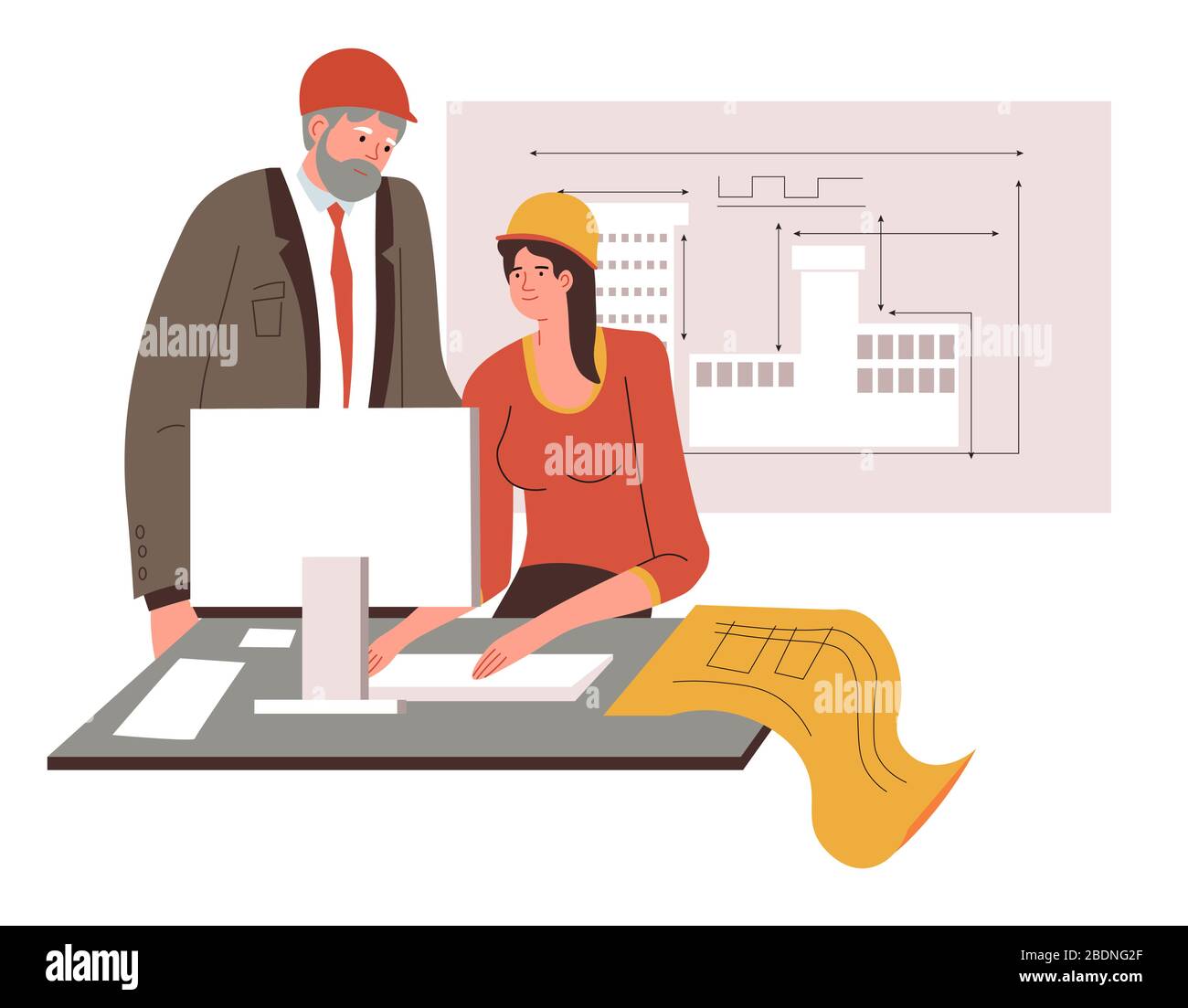 Architects working on architectural projects using computer and drafts Stock Vector