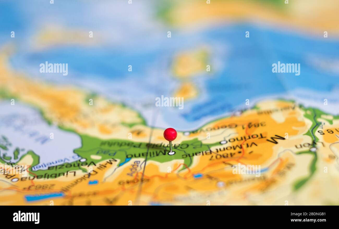 Location marking with a red pin on a map, close view Stock Photo