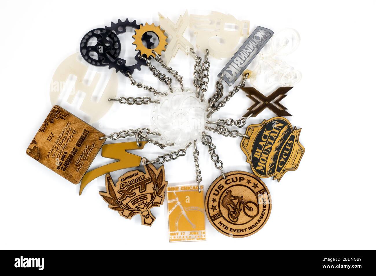 Sibiu city, Romania - April 06, 2020. key rings made by laser engraving from various materials and logos Stock Photo