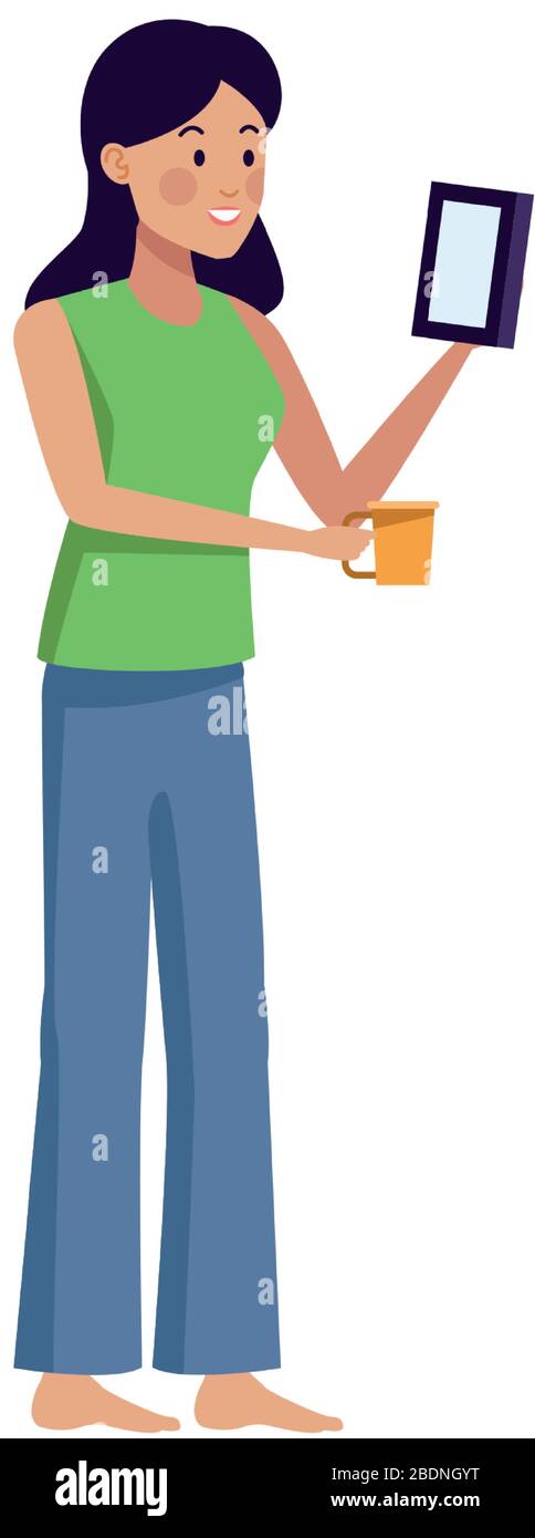 young woman using smartphone and drink coffee Stock Vector