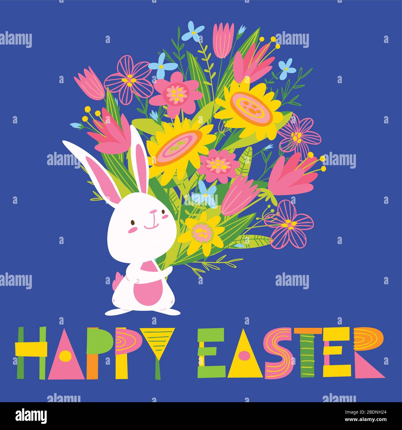 Vector card with bunny, flowers and Easter lettering Stock Vector Image ...