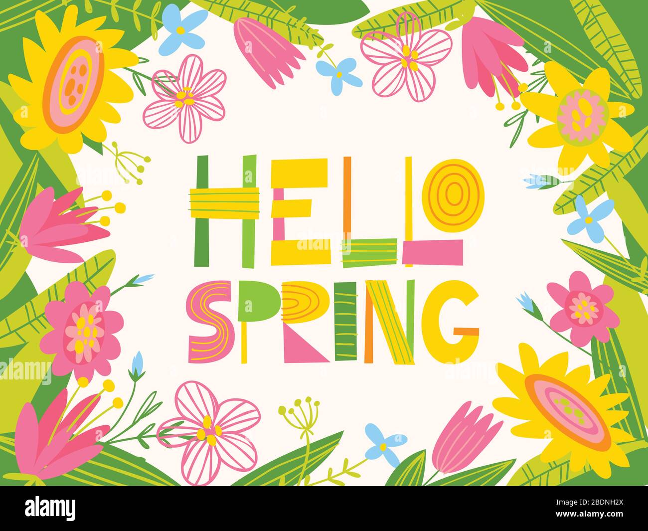 Vector card with flowers and Hello Spring lettering Stock Vector