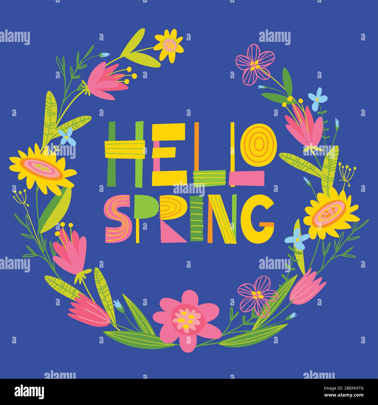 Vector card with flowers and Hello Spring lettering Stock Vector
