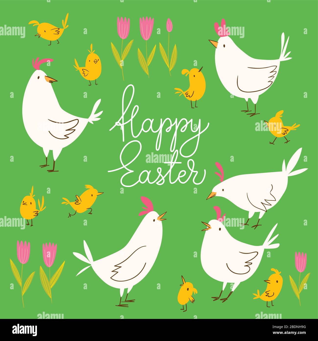Vector spring easter card with hens and chickens Stock Vector