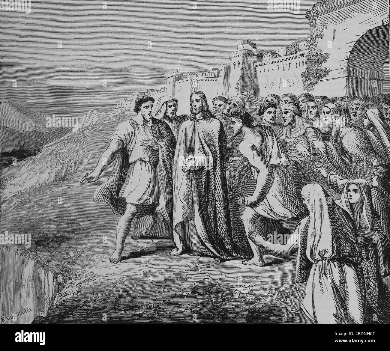 New Testament. They took  Jesus up to hill intending to throw him down the cliff. Engraving, 19th century. Stock Photo