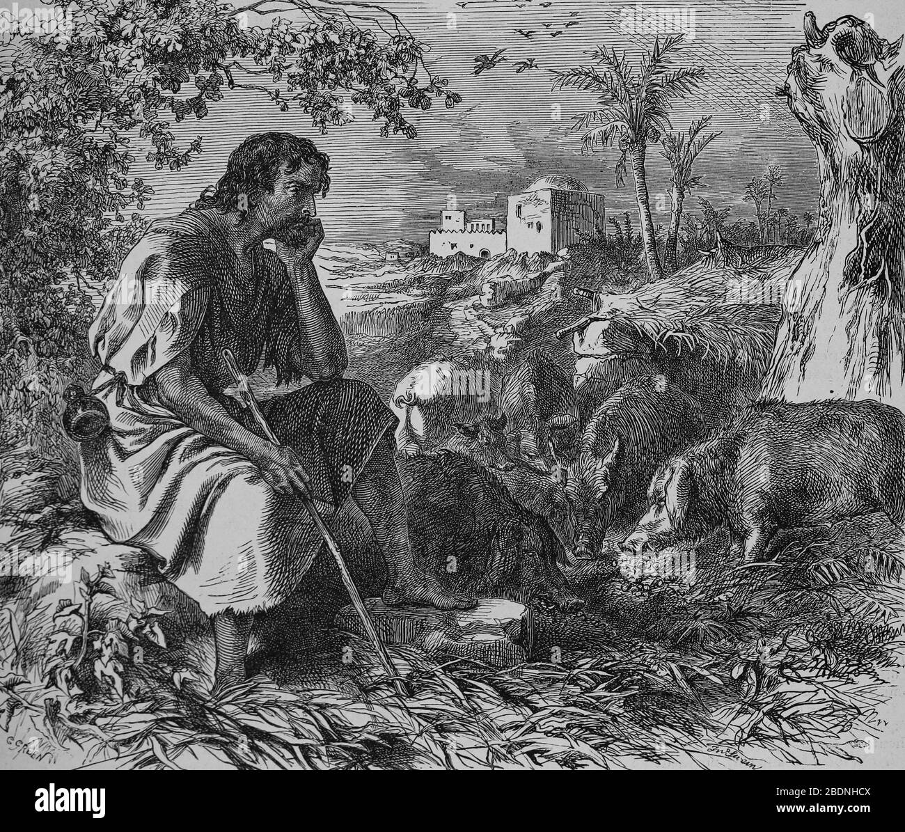 Jesus' parable. Prodigal Son. My father's hired men have food to spare, and here I am starving to death. Engraving, 19th century. Stock Photo
