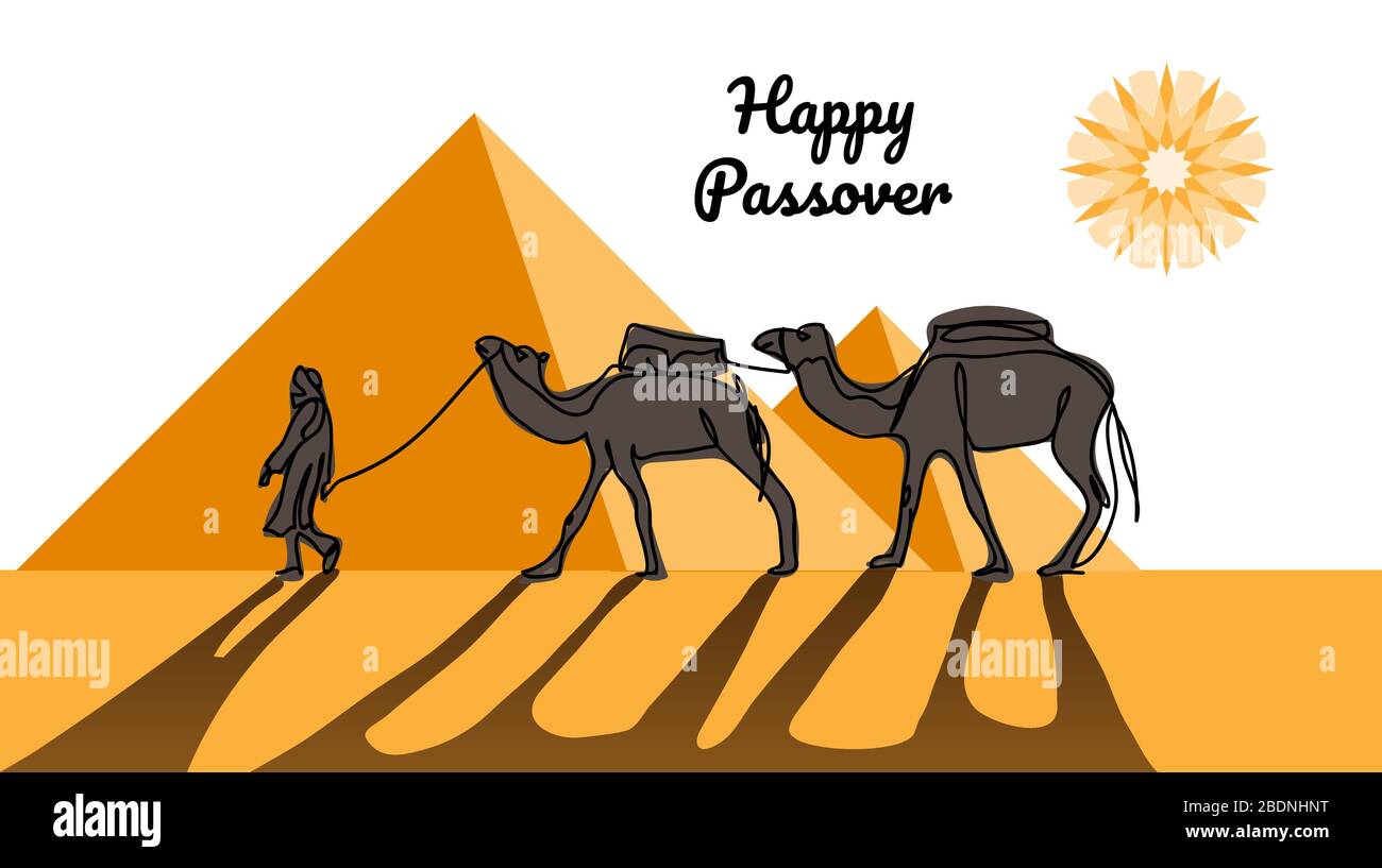Happy passover, pesach. Vector illustration of passover with desert, egyptian pyramids, caravan, camels. Stock Vector