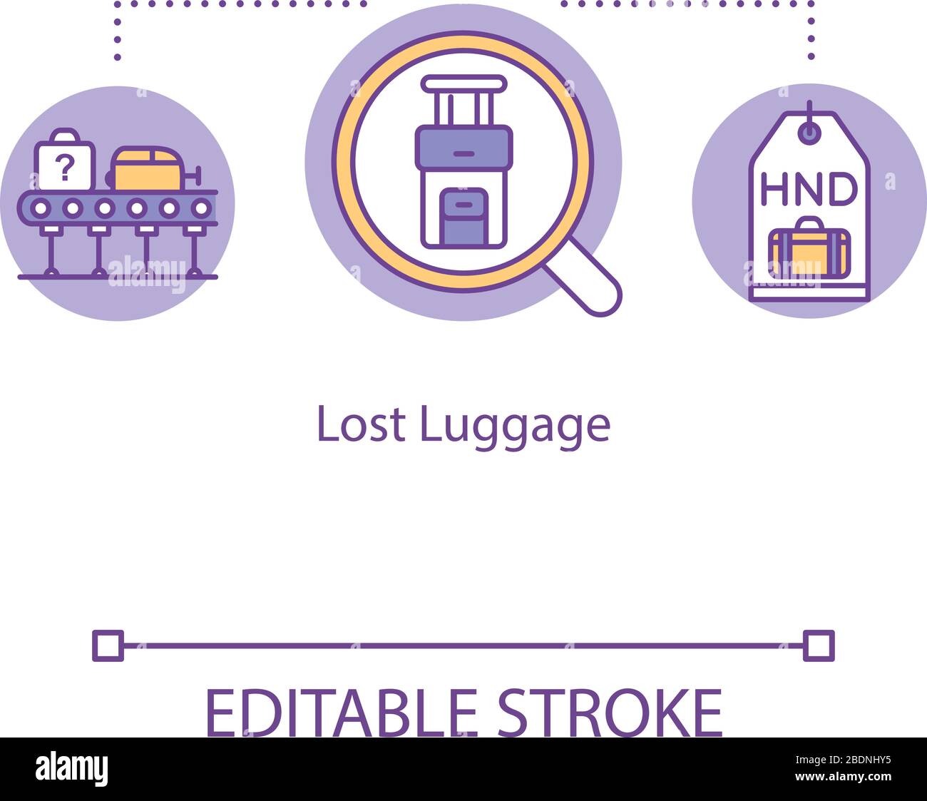 Lost baggage concept icon. Passenger personal belongings recovery idea thin line illustration. Airport conveyor belt, and baggage tag vector isolated Stock Vector