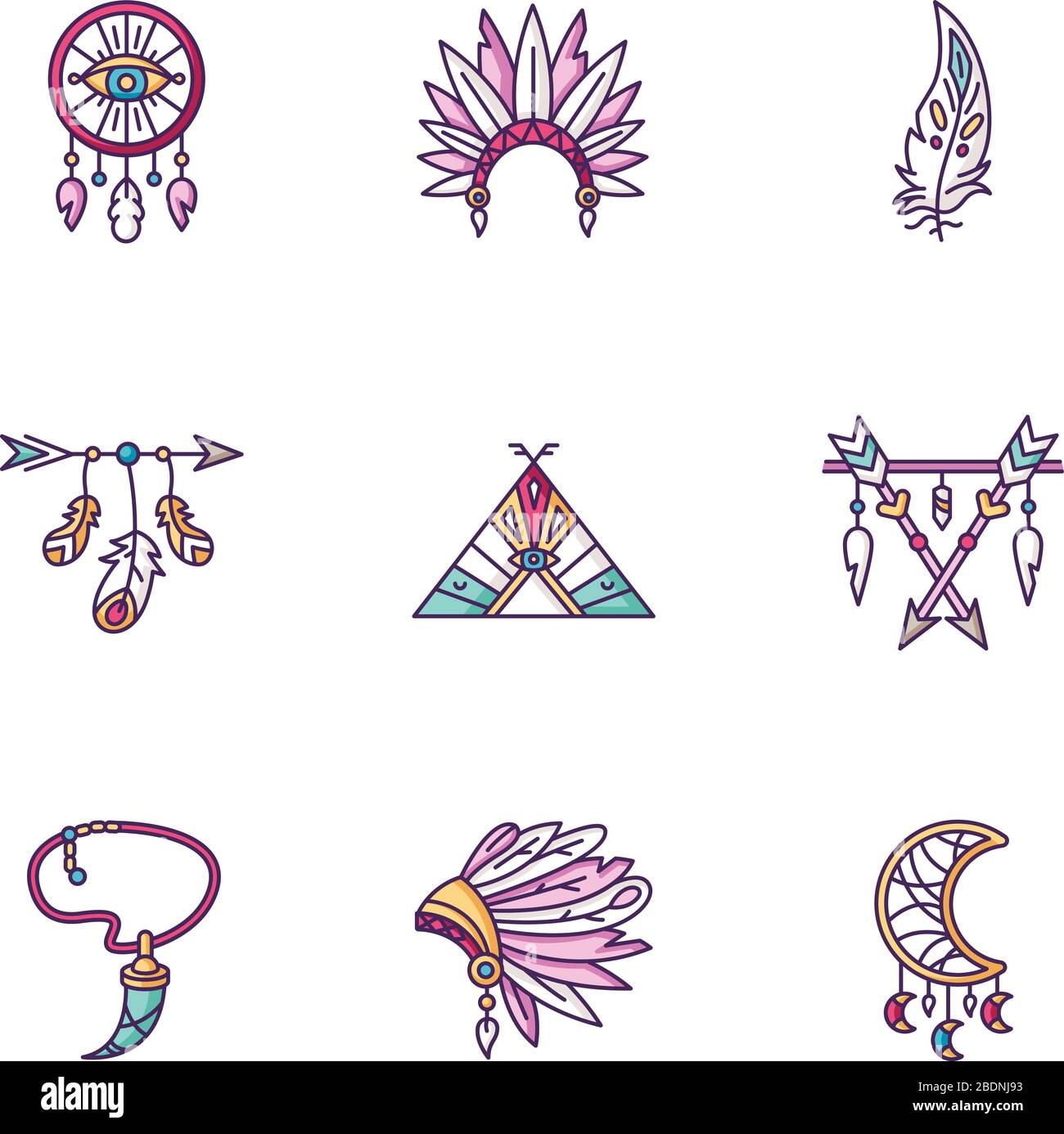 Native american indian accessories RGB color icons set. Tribe chief hat and  teepee. Boho style dreamcather. Necklace with tooth, arrow with feathers  Stock Vector Image & Art - Alamy