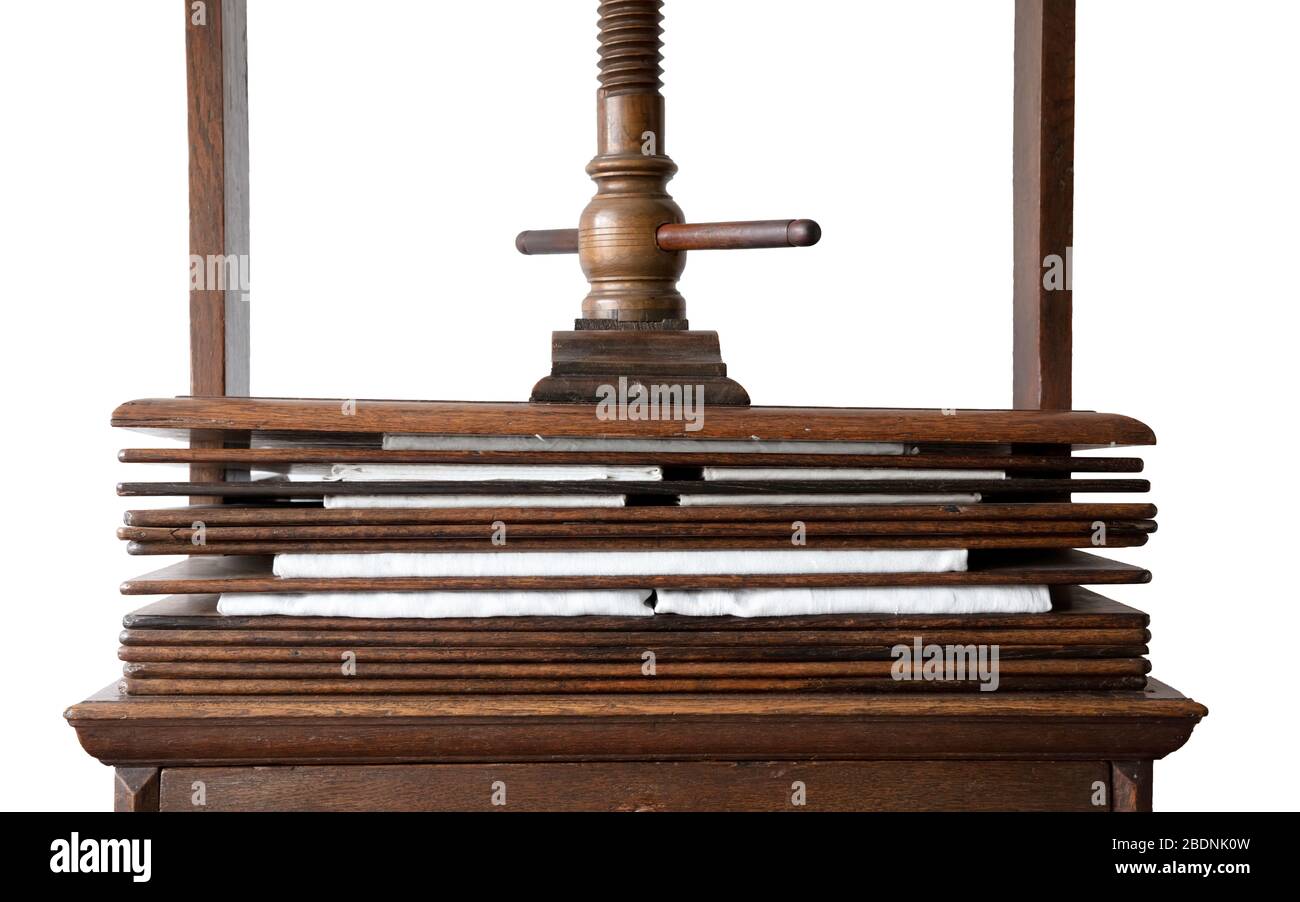 Antique wooden clothes wringer, isolated on white Stock Photo