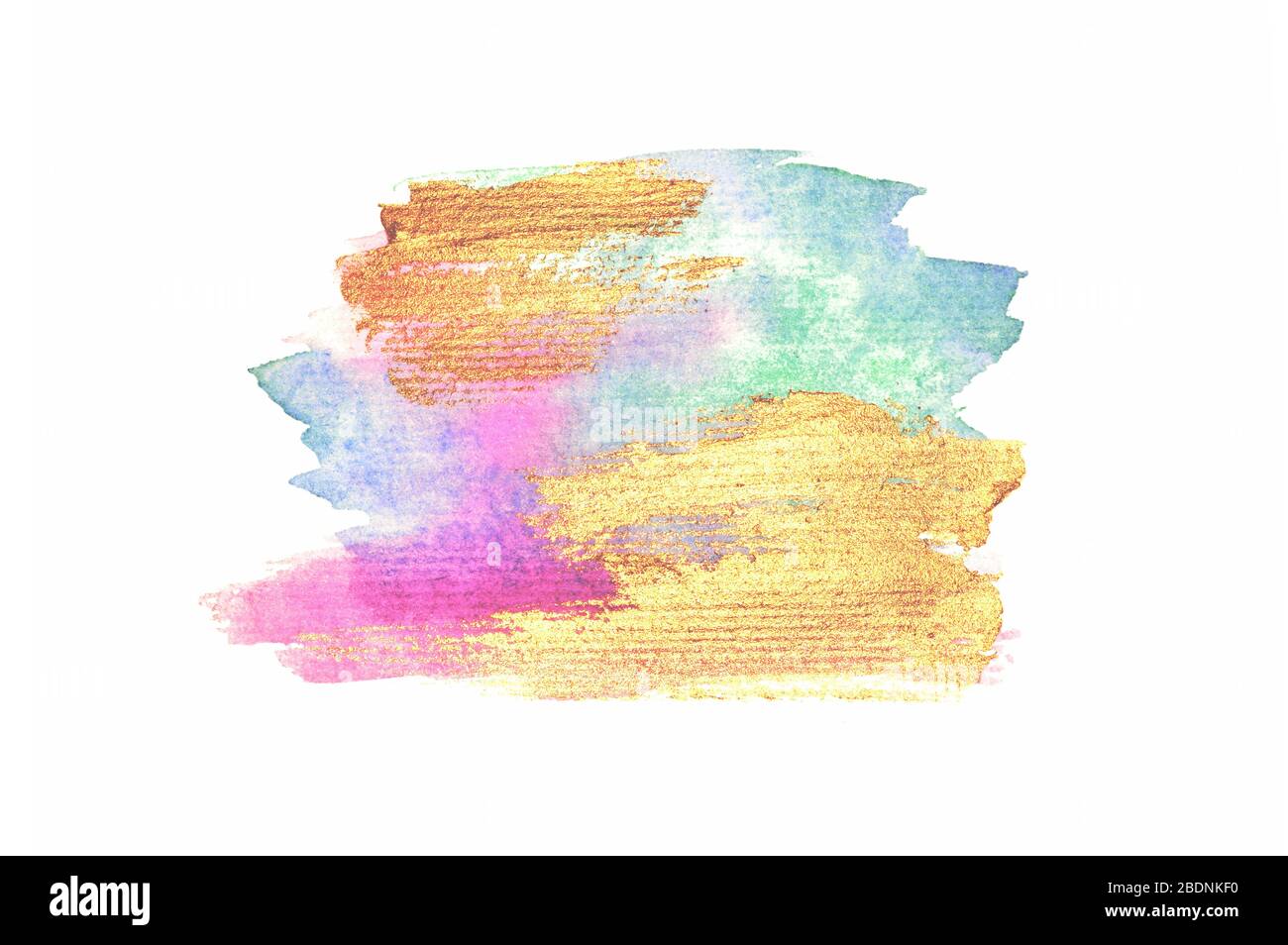 Abstract golden, pink and blue watercolor stains on white background for your design Stock Photo
