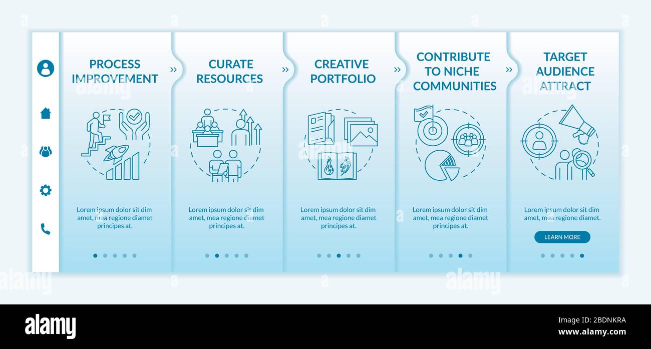 Project development onboarding vector template. Process improvement. Curate resources. Creative portfolio. Responsive mobile website with icons Stock Vector