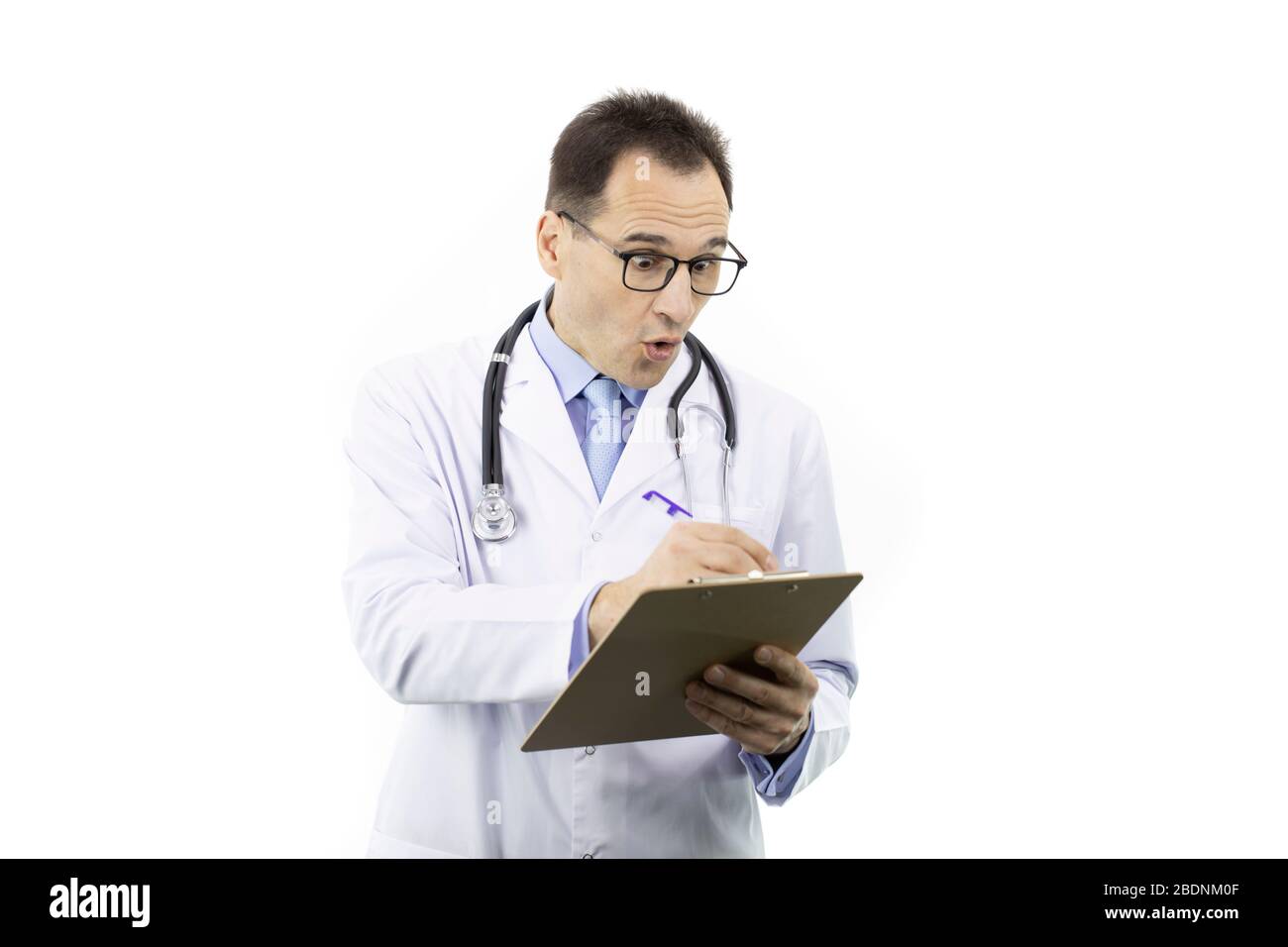 Surprised doctor checks patient's medical record on clipboard, white
