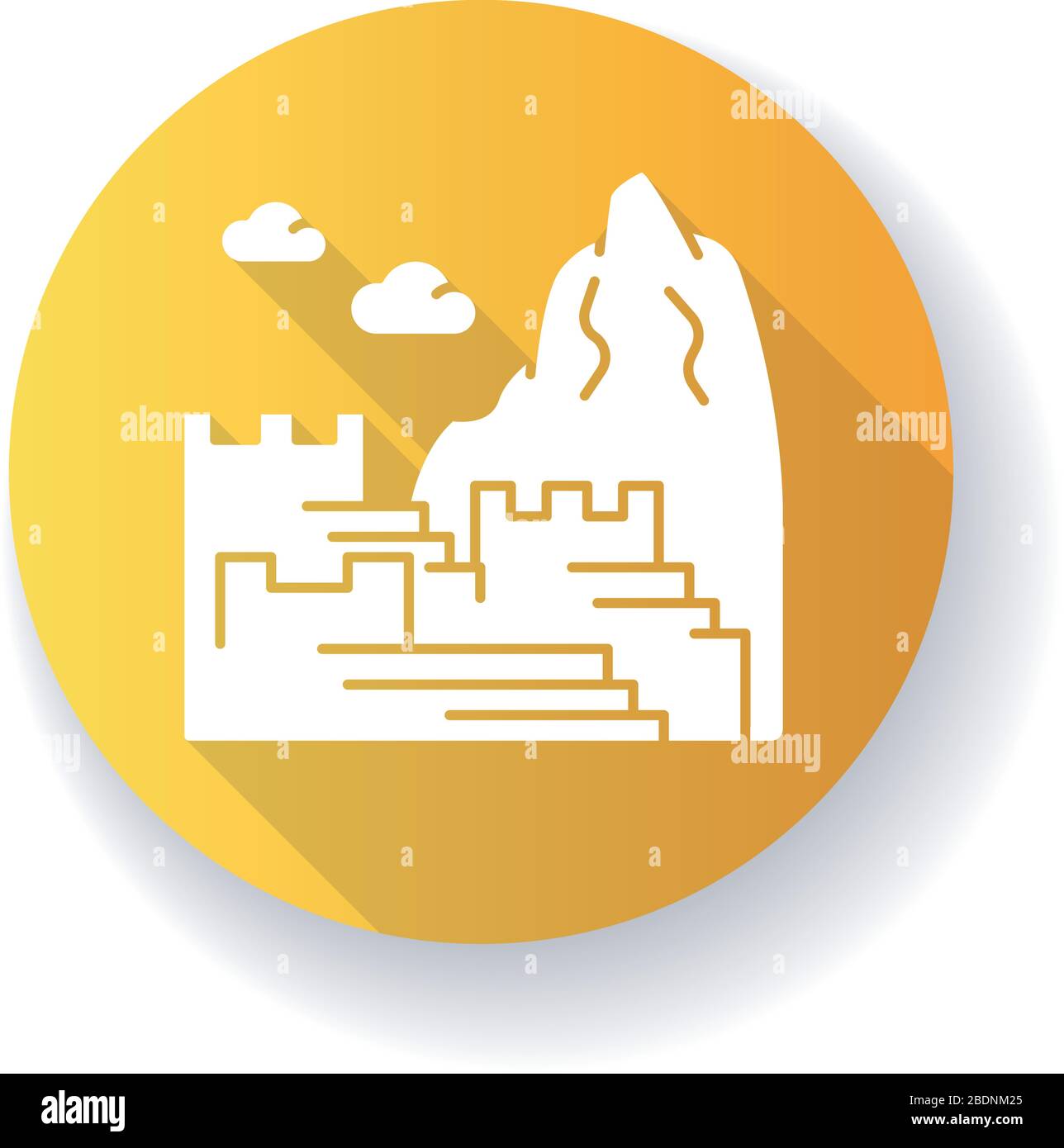 Machu picchu yellow flat design long shadow glyph icon. Inca citadel in mountains. Tourist attractions. Ancient monument of civilization of Indians Stock Vector