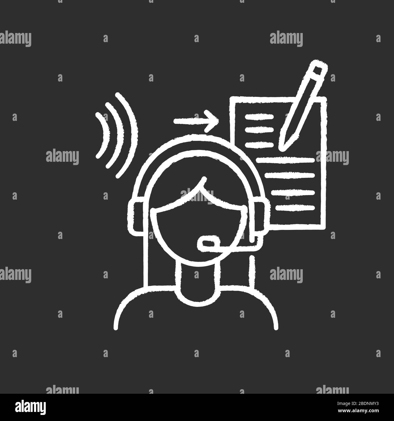 Transcription chalk white icon on black background. Listening and translation, foreign language