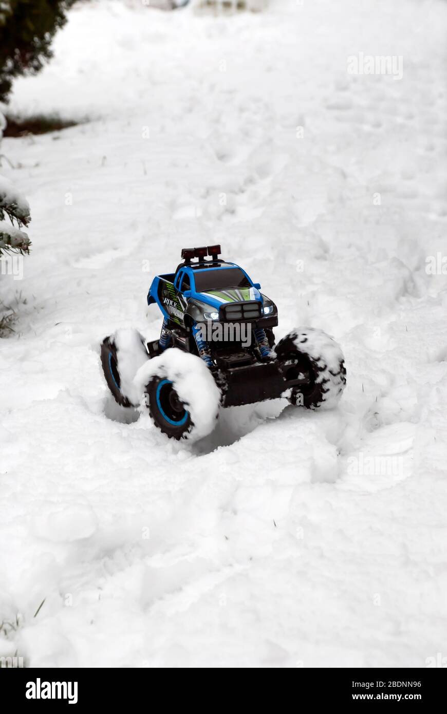 RC model in deep fresh snow Stock Photo