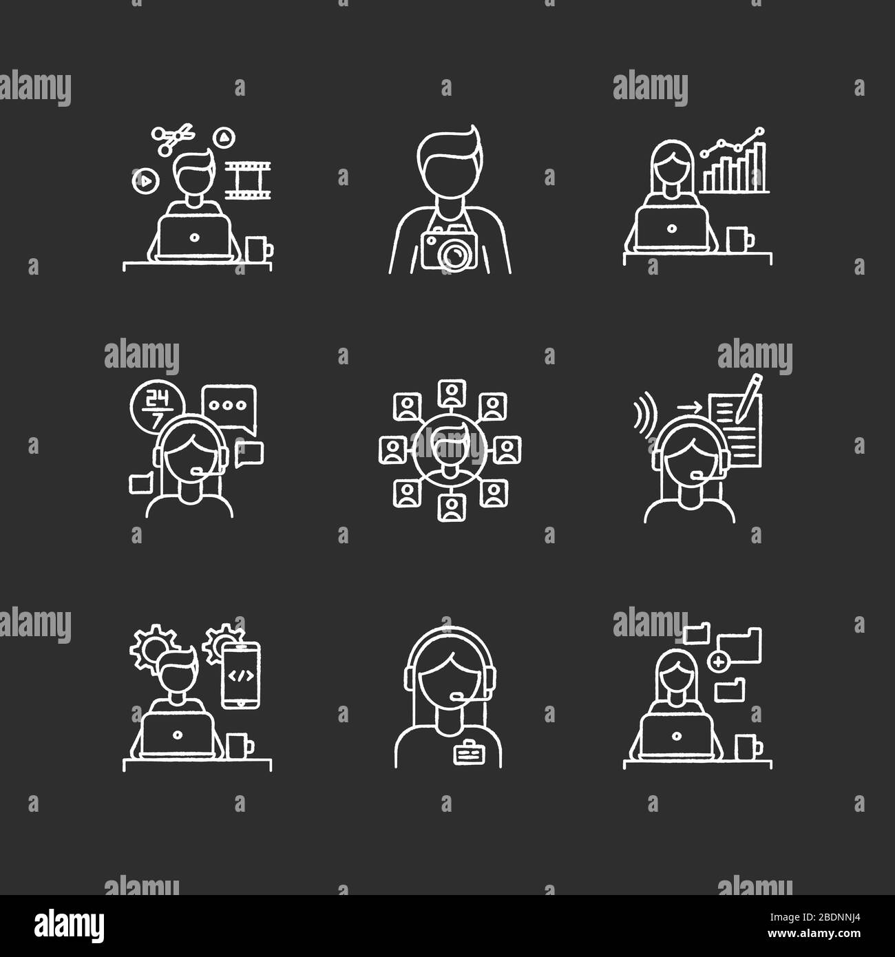 Remote jobs chalk white icons set on black background. Technical and admin  support, SEO and marketing. Photography and video editing, mobile app Stock  Vector Image & Art - Alamy