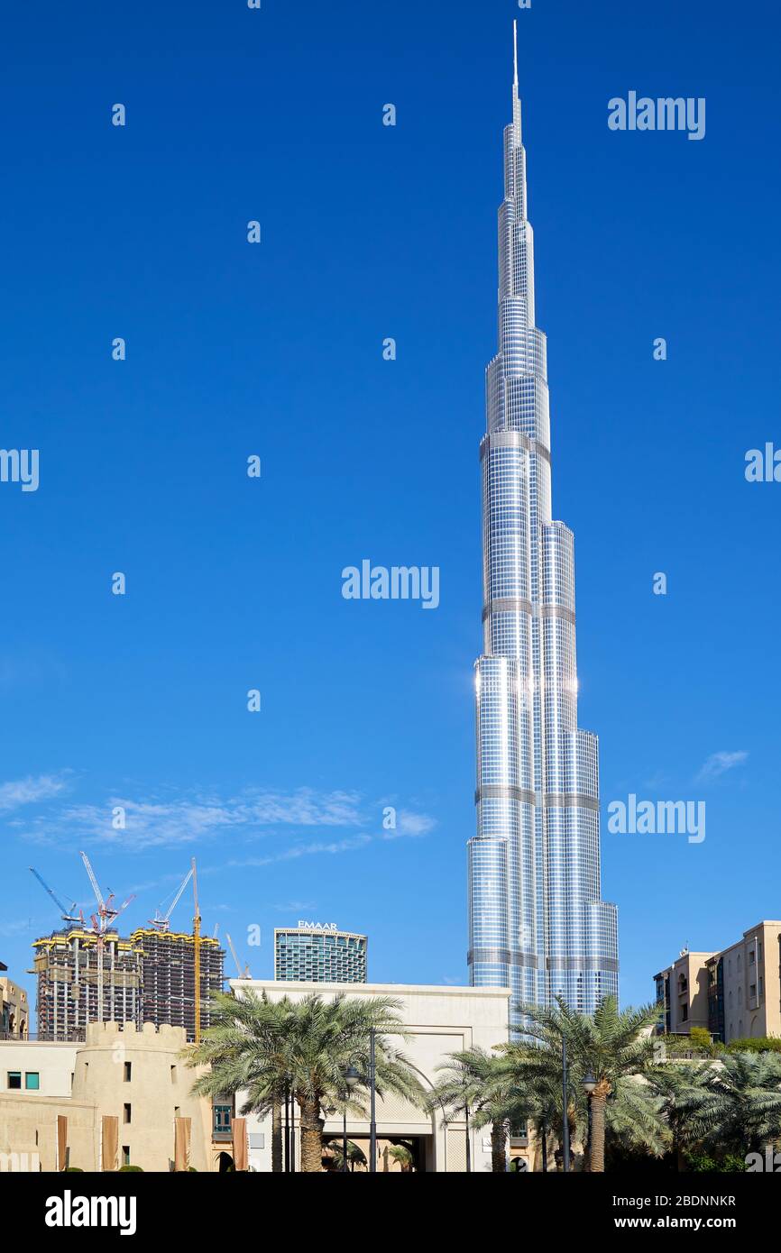 DUBAI, UNITED ARAB EMIRATES - NOVEMBER 23, 2019: Burj Khalifa skyscraper, clear blue sky in a sunny summer day Stock Photo