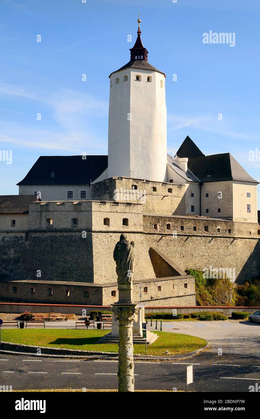 Austria, Castle Forchtenstein and column with saint Stock Photo