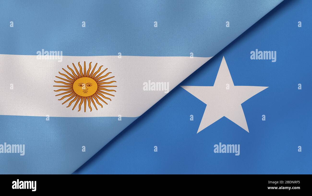 Two states flags of Argentina and Somalia. High quality business background. 3d illustration Stock Photo