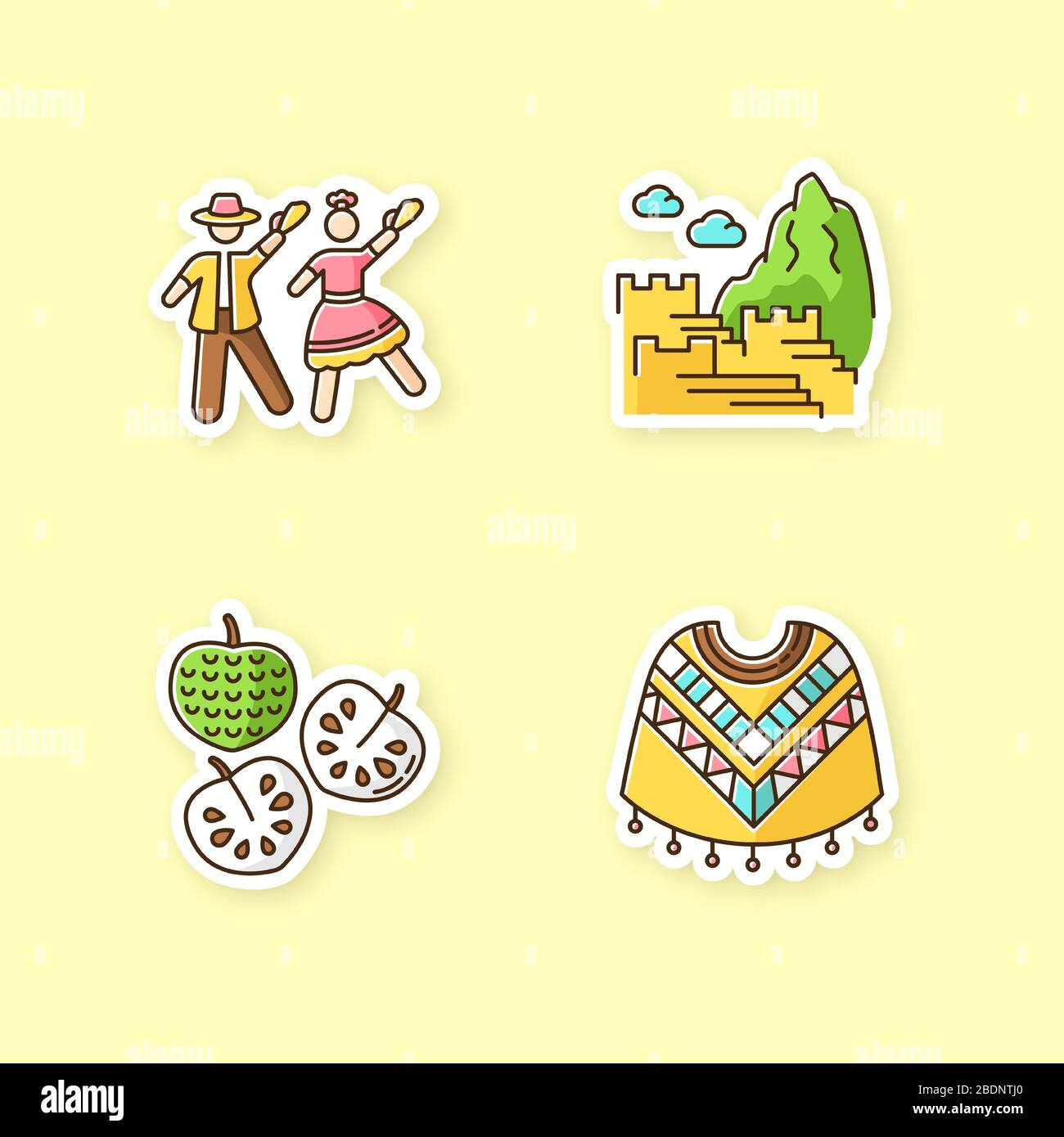 Peru printable patches. Spanish and Native American traditions. RGB color stickers, pins and badges set. Marinera, Machu Picchu, cherimoya, poncho Stock Vector
