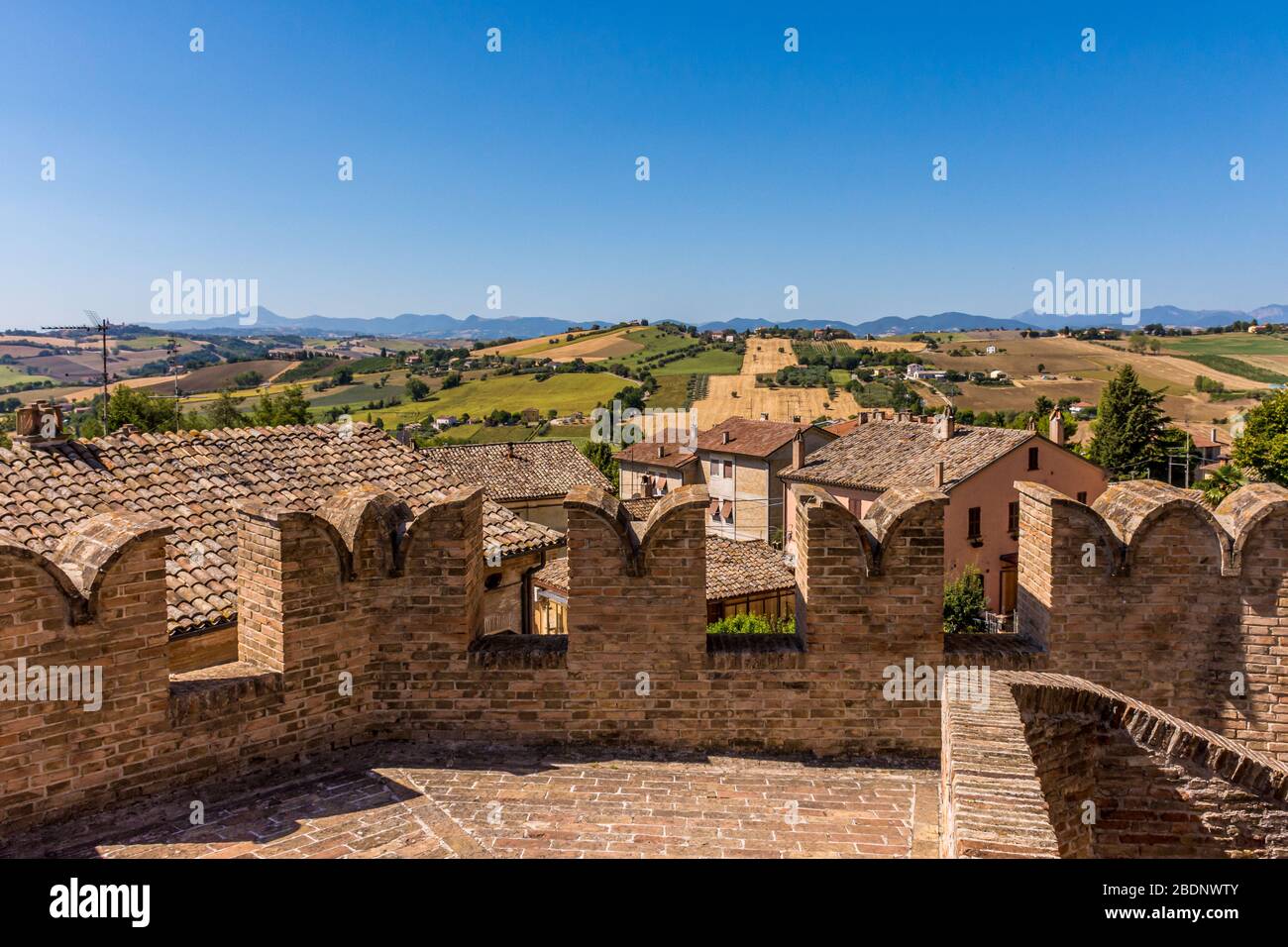 Looking out to the surrounding countryside of Corinaldo, Le Marche, Italy, near Senigallia, on a beautiful sunny, summer morning Stock Photo