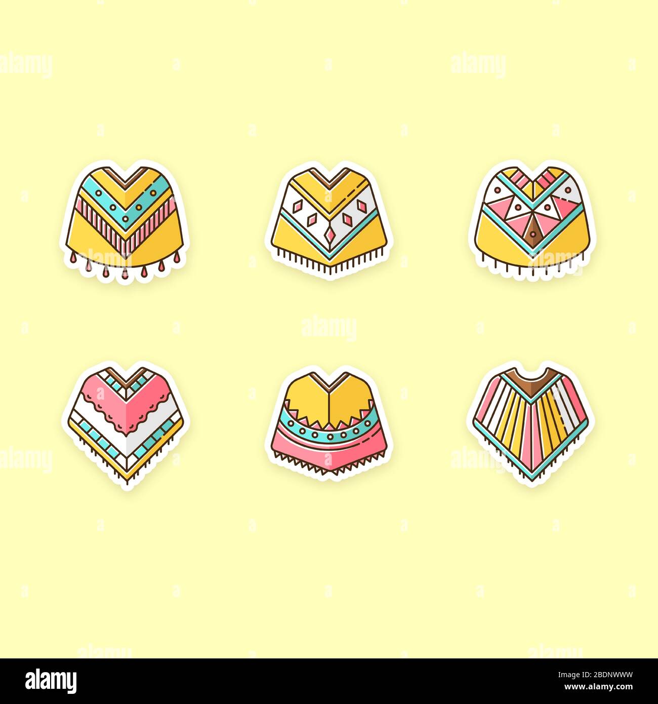 Poncho printable patches. Mexican, Peruvian, Brazilian wear. RGB color stickers, pins and badges set. Motley warm woolen clothes. Simple indian Stock Vector