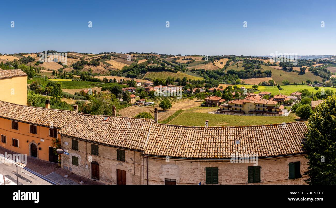 Panorama looking out to the surrounding countryside of Corinaldo, Le Marche, Italy, near Senigallia, on a beautiful sunny, summer morning Stock Photo