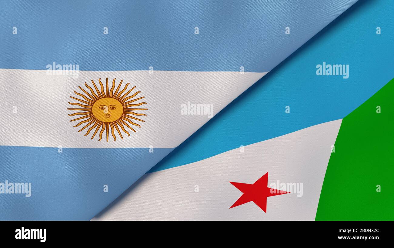 Two states flags of Argentina and Djibouti. High quality business background. 3d illustration Stock Photo