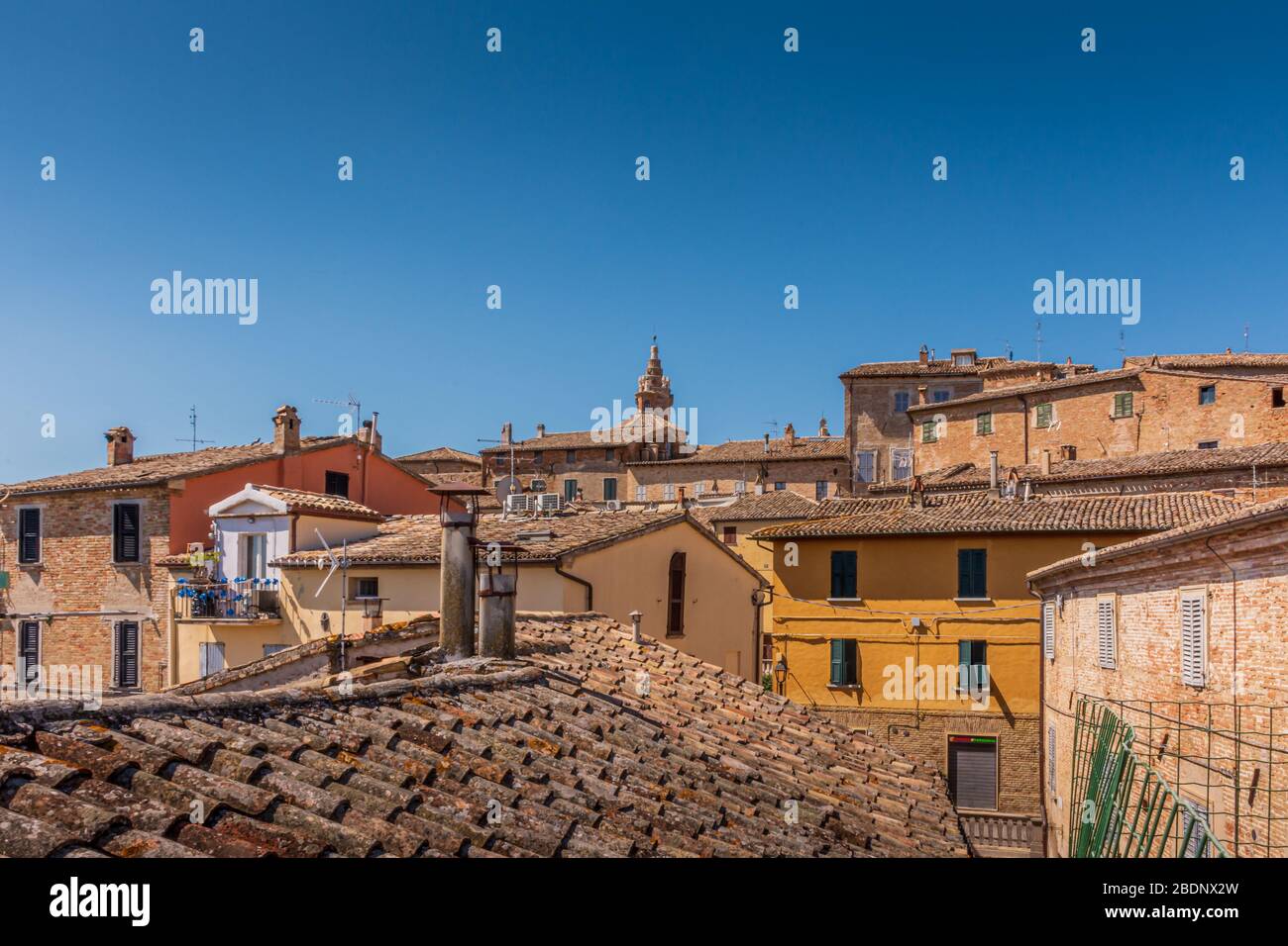 Skyline of the medieval town of Corinaldo, Le Marche, Italy, near Senigallia on a hot and sunny Summer morning Stock Photo