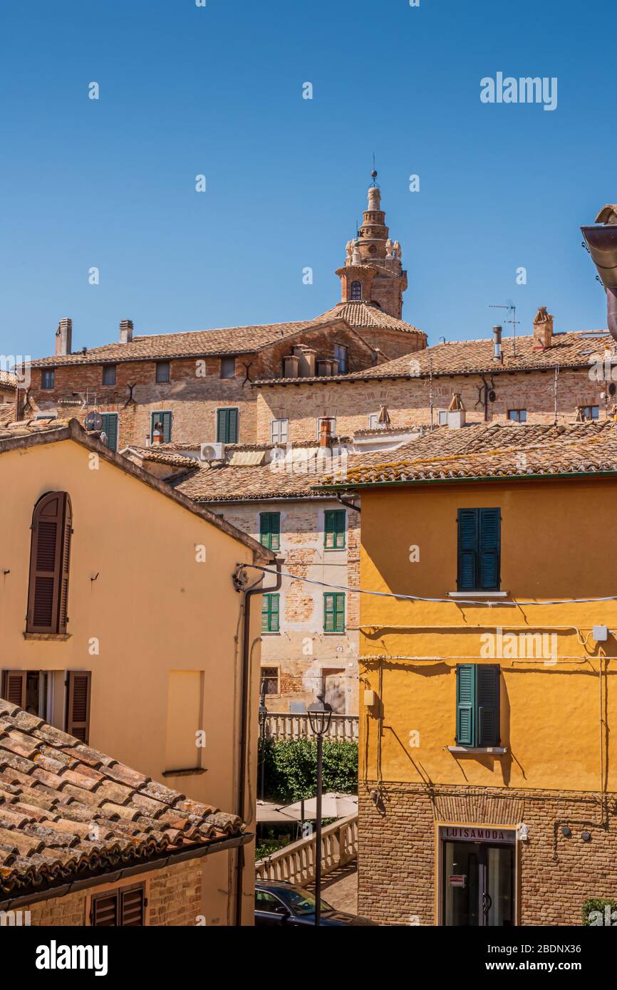 Skyline of the medieval town of Corinaldo, Le Marche, Italy, near Senigallia on a hot and sunny Summer morning Stock Photo