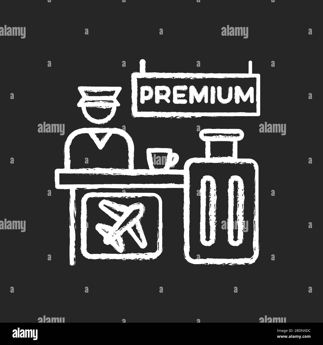 Premium airplane reservation chalk white icon on black background. Luxury lounge area for comfortable waiting. Airline services helpdesk. Checked Stock Vector