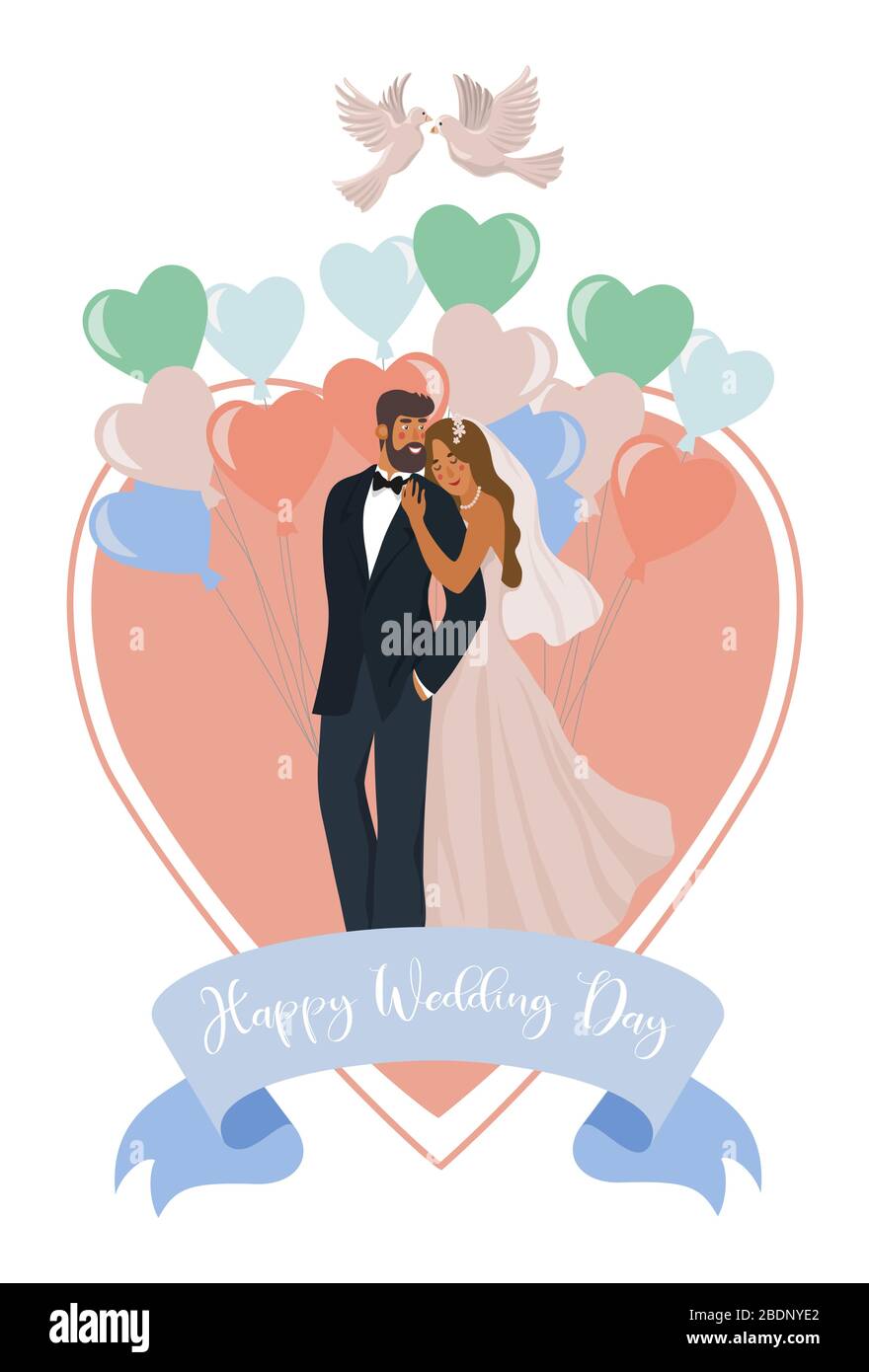 A pair of newlyweds, balloons, heart and pigeons isolated on a white background. Cute vector wedding illustration Stock Vector