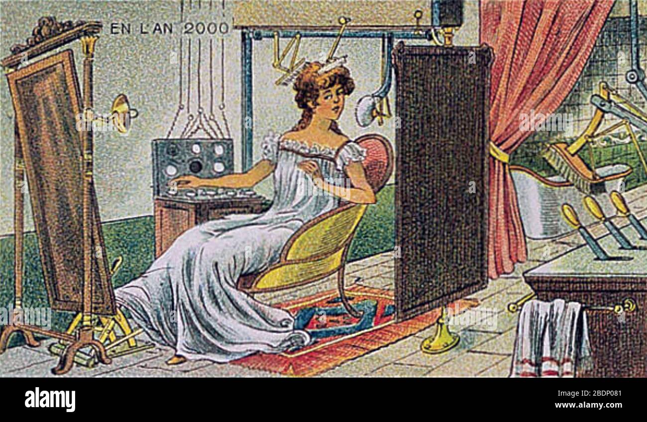 IN THE YEAR 2000 Series of French illustrations from 1912. This one shows an automated lady's dressing room. Stock Photo