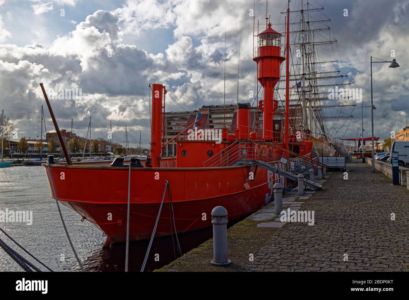 The Sandettie, a red painted old Lightship moored up at the Port of Dunkirk Nautical Museum in the central harbour. Stock Photo