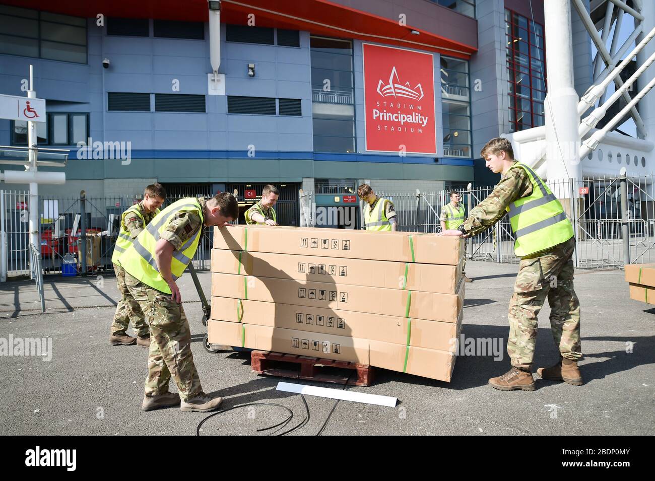 The British Army help move medical supplies at the Principality Stadium