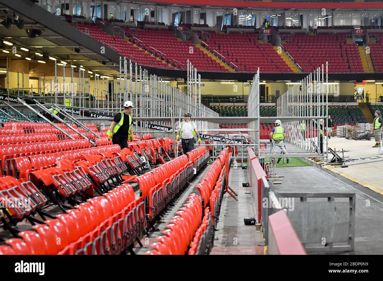 Contractors build scaffold sections principality stadium hires stock