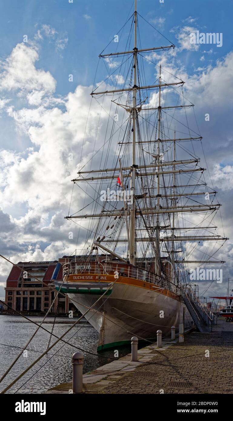The Duchesse Anne, a Three Masted sail ship moored up at the Port of Dunkirk Nautical Museum in the central harbour. Stock Photo