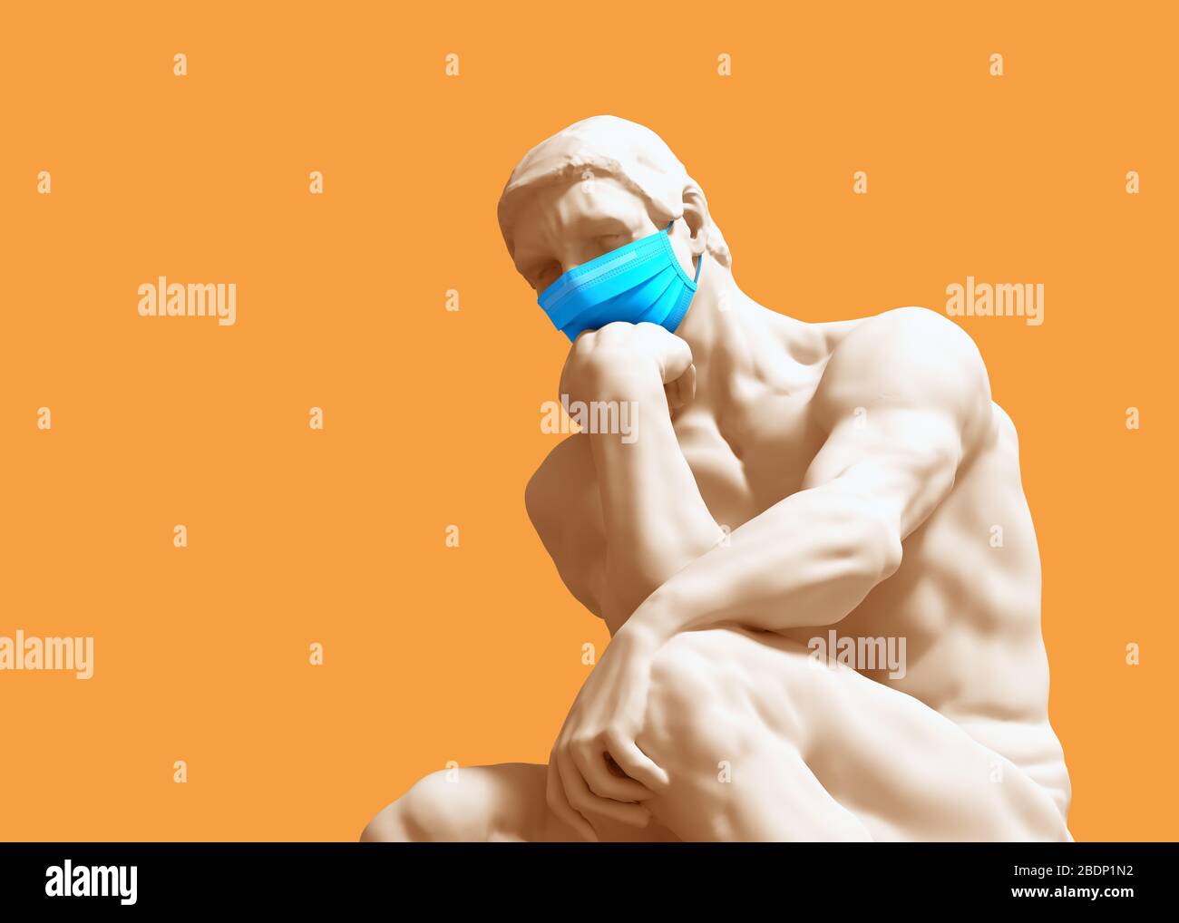 Thinker In Medical Mask. Concept Of Coronavirus Quarantine. Stock Photo