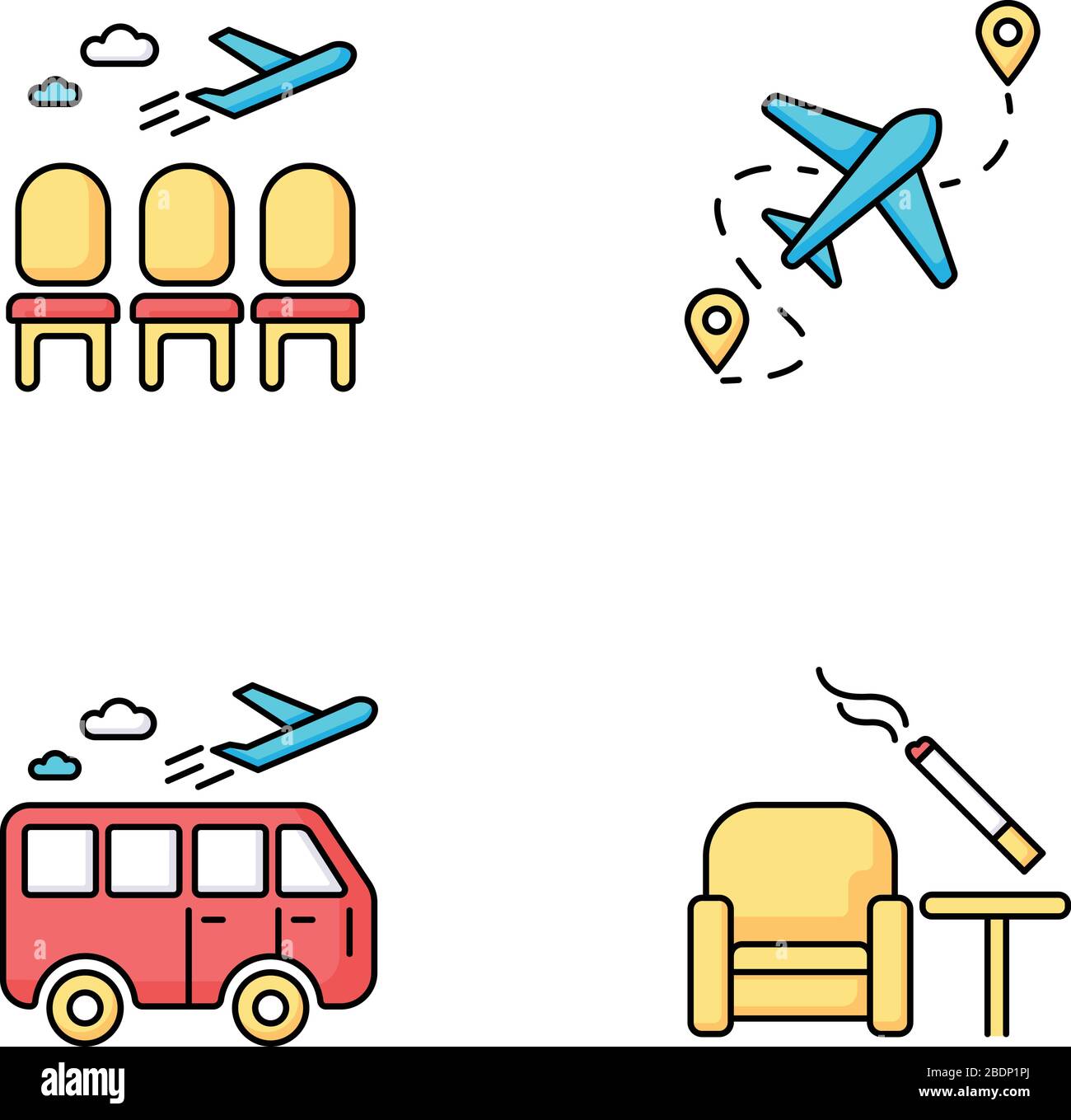 Airport terminal RGB color icons set. Waiting area for passengers. Aircraft lounge with empty seats. Airplane departure. Smoking zone inside. Journey Stock Vector