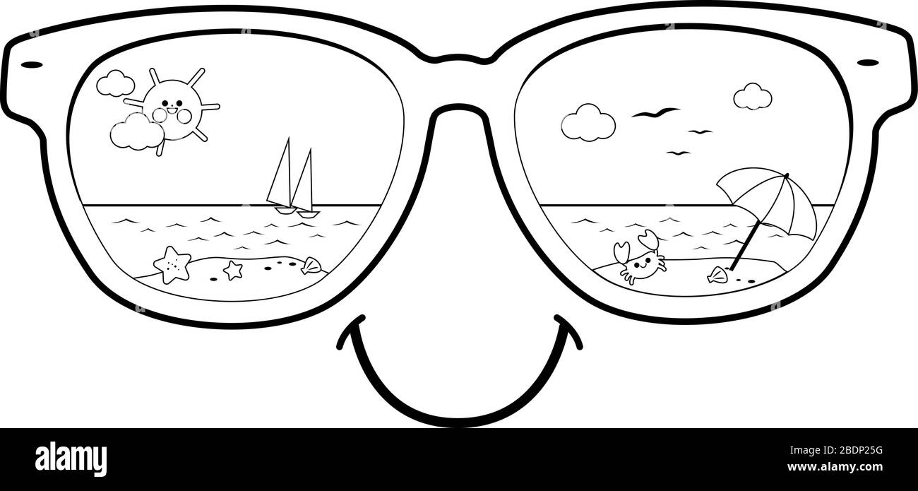 Summer beach scene reflected in sunglasses. Vector black and white coloring page Stock Vector