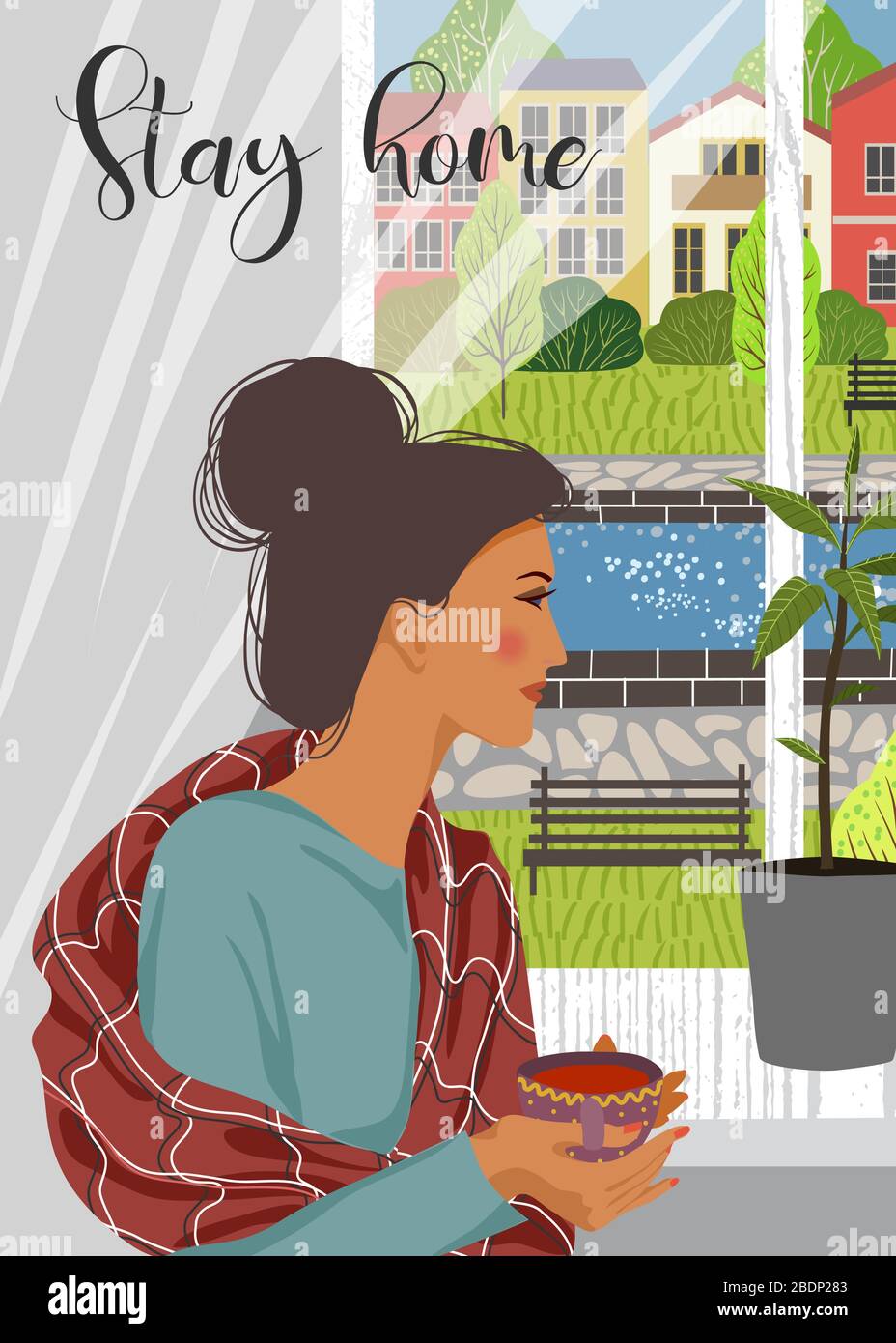 Stay home. Flat vector illustration of woman looking out the window. Outside the window is a deserted cityscape. Stock Vector