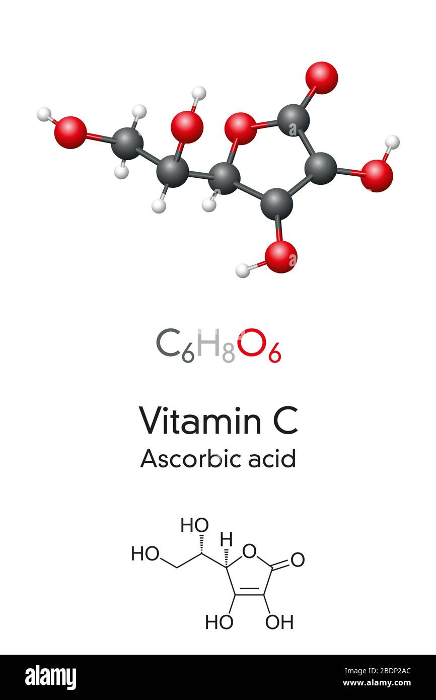 Vitamin C molecule model and chemical formula. Ascorbic acid, ascorbate, skeletal formula and molecular structure. Vitamin found in various foods. Stock Photo