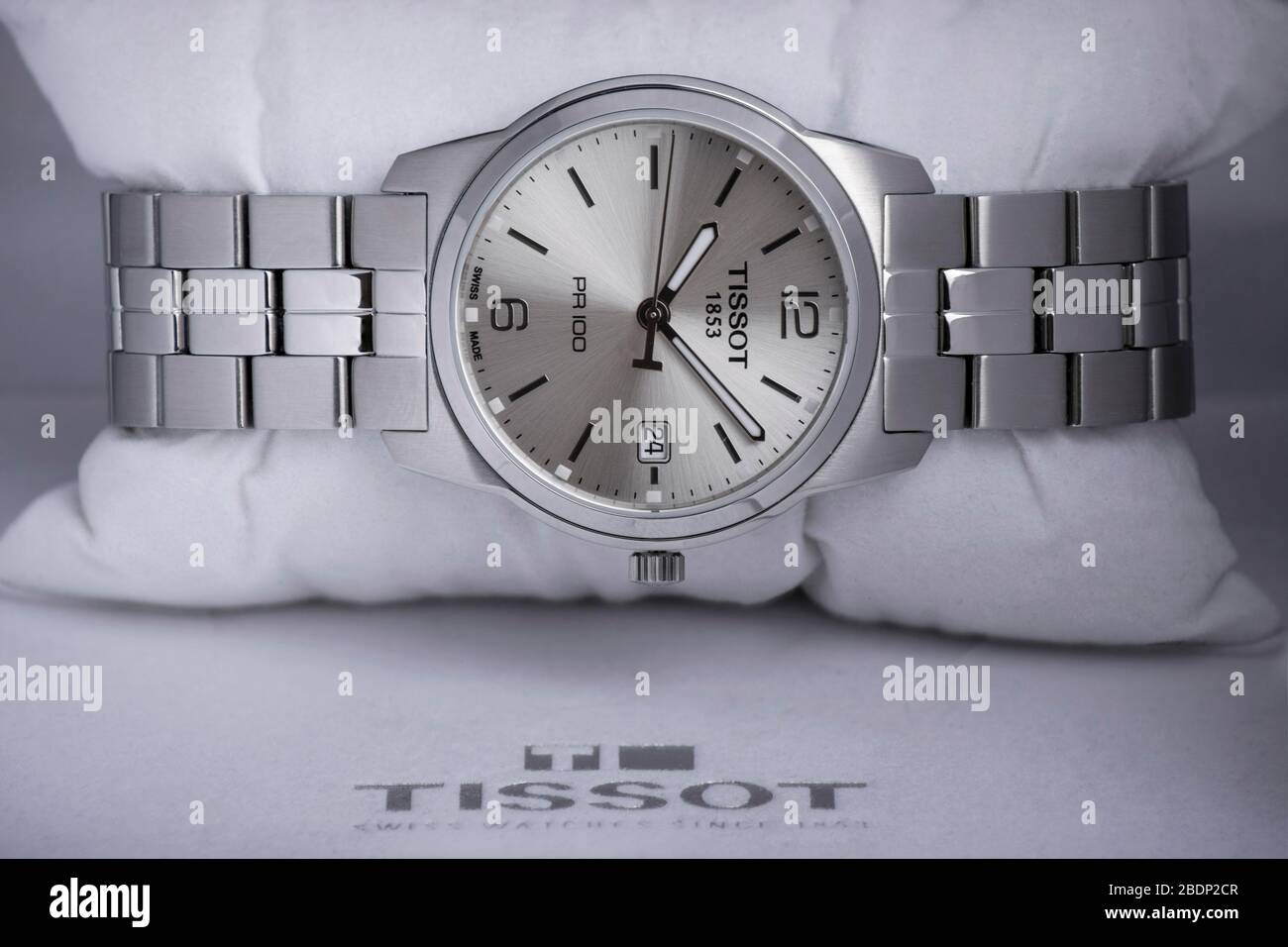 Alexandria, Egypt March 3, 2020 Tissot classic watch advertising inside the box surrounding the pillow Stock Photo