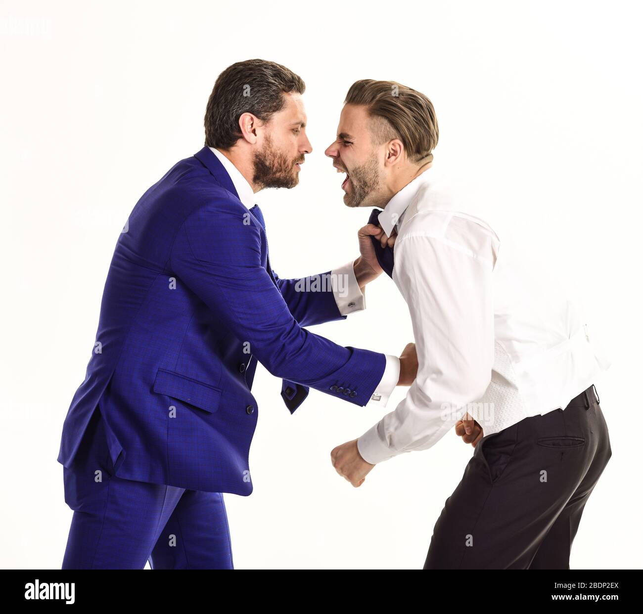 concept. Boss and employee with aggressive expression fight. Young men in formal wear or businessmen fight isolated on white background. Businessmen fighting at workplace Stock Photo - Alamy