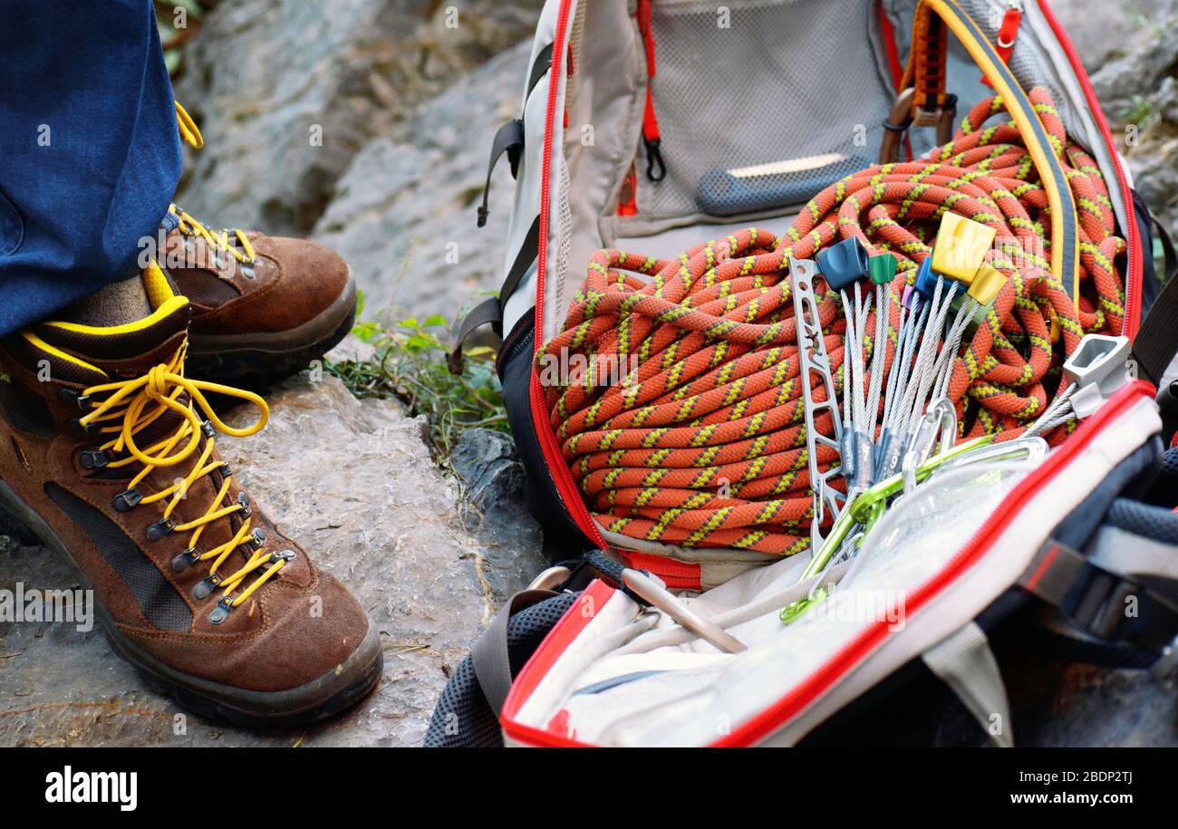 Equipment for mountain climbing. Carabiner, ATCGuide, harnessPhysical