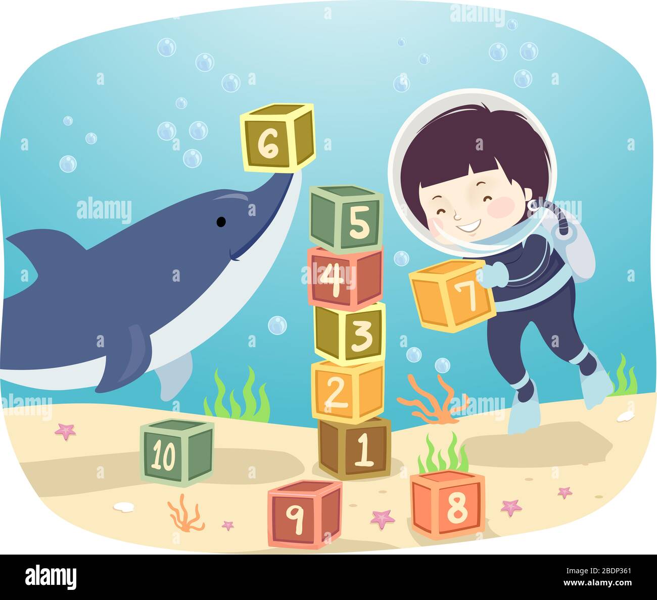 Illustration of a Kid Boy Diving Underwater Playing Number Blocks with