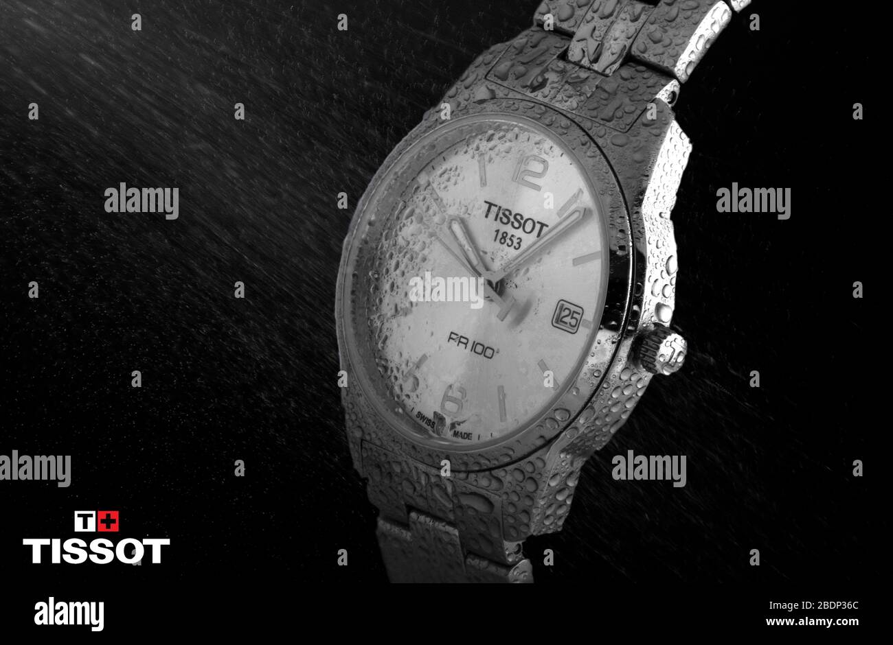 Alexandria, Egypt March 3, 2020 Tissot classic watch advertising with water drops under the rain Stock Photo