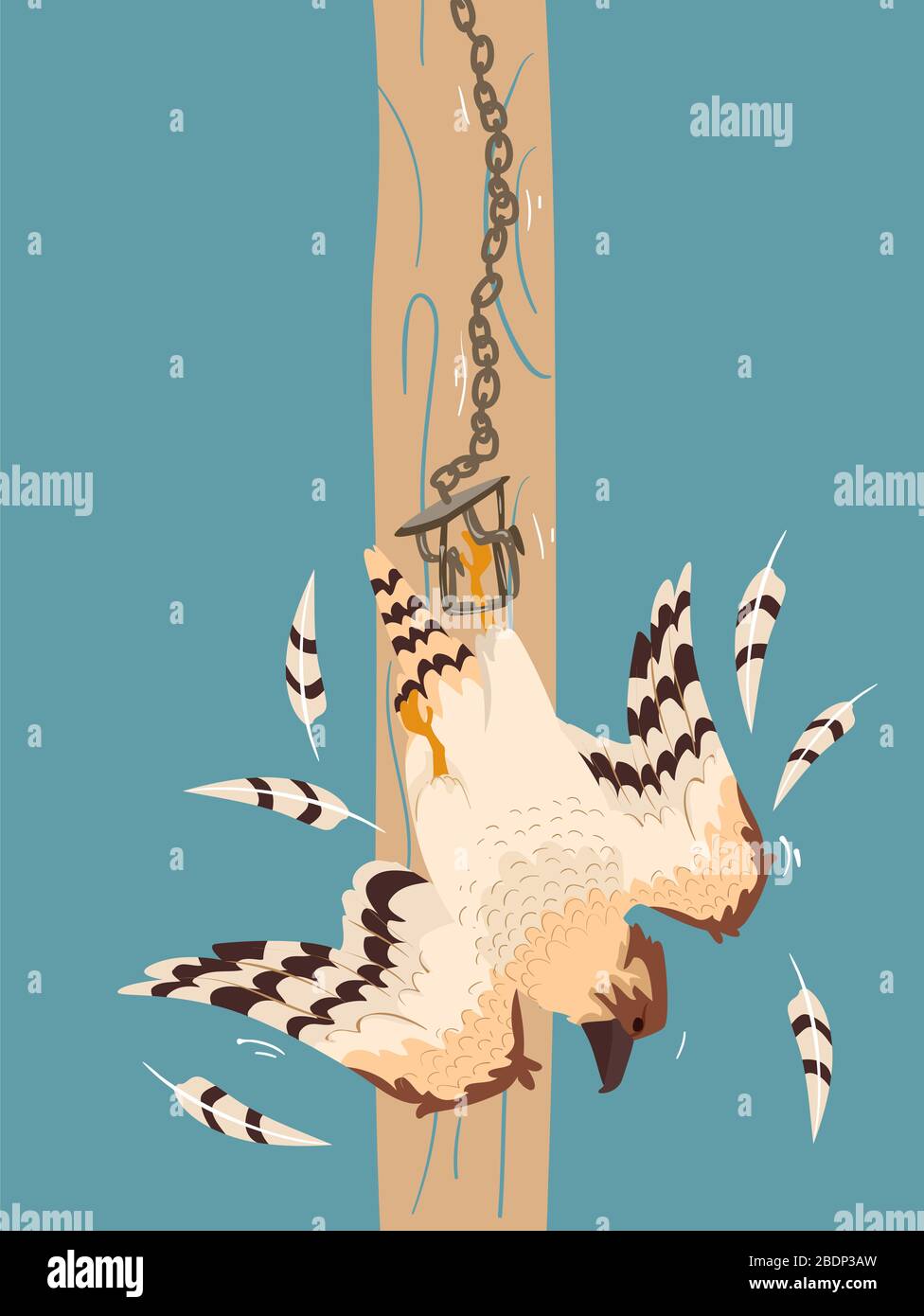 Illustration of a Raptor Trapped and Hanging from a Tree, a Wildlife Crime Stock Photo